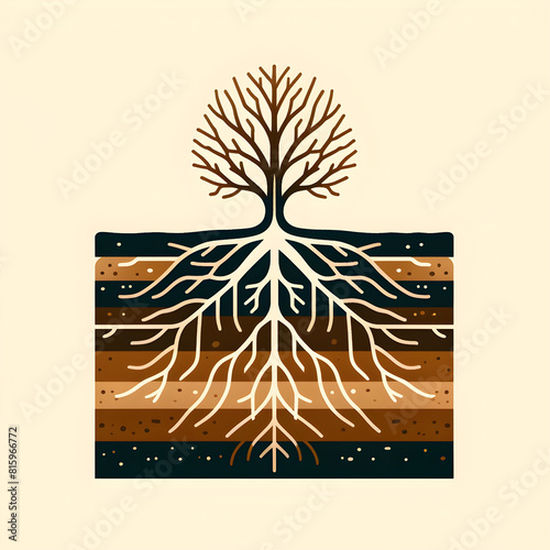 Concept of Natural Ecosystems  Stylized Minimalist Tree Graphic Showcasing Intricate Root Systems and Stratified Soil Layers with Organic Matter and Minerals Depicted in Earthy Tones