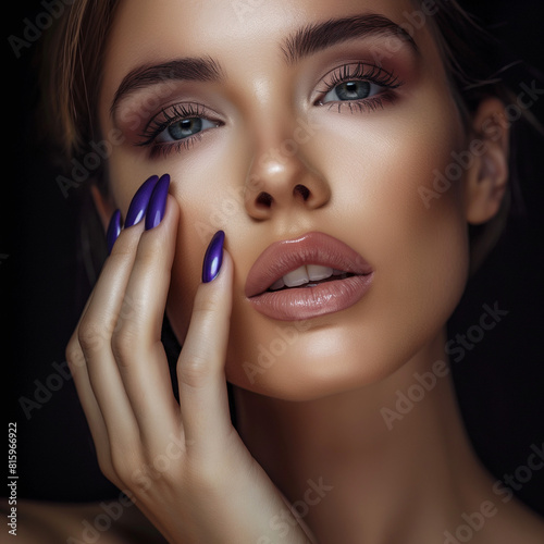 The image is a close-up of a woman s face. She has light makeup on and her hair is styled. She is wearing purple nail polish.  