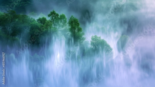  Veils of mist cascade over a tranquil forest scene  creating an abstract tapestry of soft hues and gentle shadows. 