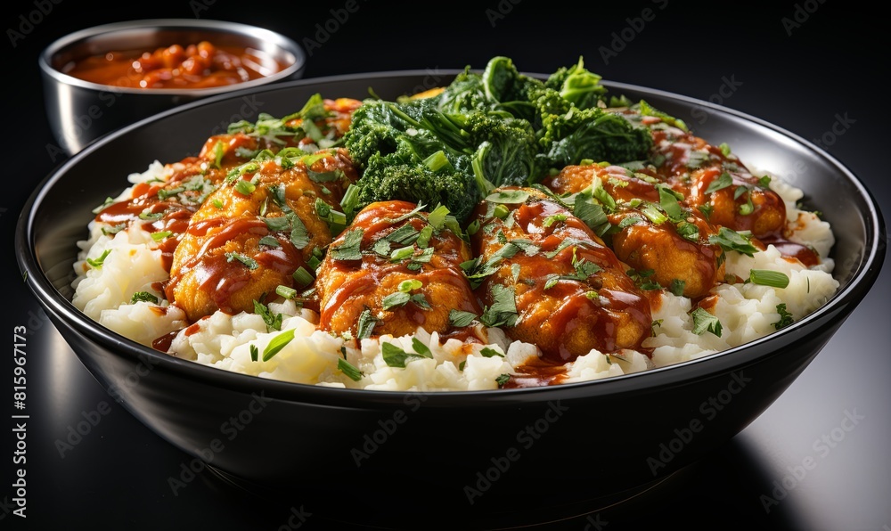 Black Bowl Filled With Rice, Meat, and Sauce Black Bowl Filled With Rice, Meat, and Sauce