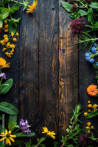 Dark autumn background with autumn leaves and wild berries set in a frame with a space for a text, flat lay