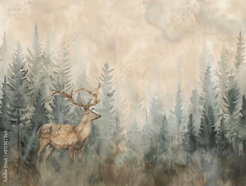 Gentle watercolor illustration of a deer in a misty forest, subtle shades capturing the quiet elegance of the wild © Kanakorn