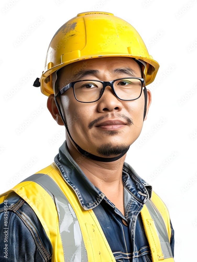Ready for Action: Confident Asian Worker in Safety Gear Ready for Action: Confident Asian Worker in Safety Gear