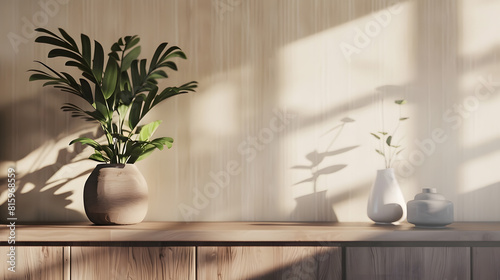 Wood TV cabinet interior wall Mockup with small plant tropical style in living room place with free space in center of picture for present the product image : Generative AI © Generative AI