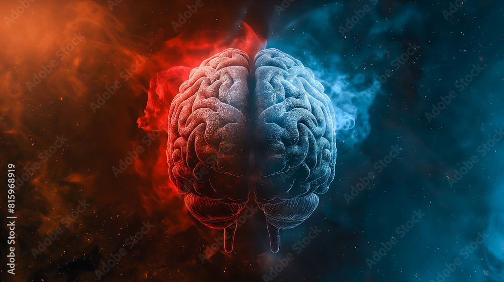 Top view brain split into two distinct halves, the other half designed with a digital, Symbolizing artificial intelligence and computational logic, Red and blue Top view brain split into two distinct halves, the other half designed with a digital, Symbolizing artificial intelligence and computational logic, Red and blue