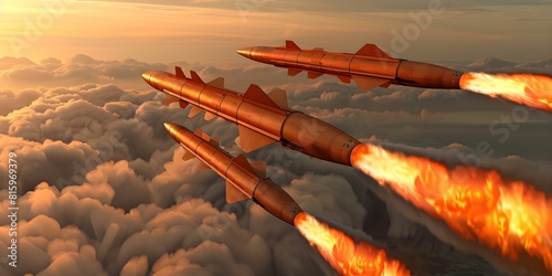 3D rendering of missiles with warheads prepared for launch in defense. Concept Weapons, Military Technology, Defense Systems, Missile Launch, 3D Rendering