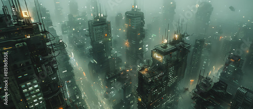 Craft a high-angle shot of a dystopian cityscape, blending futuristic tech elements seamlessly Experiment with unexpected camera angles to amplify the eerie, cyberpunk vibe © panyawatt