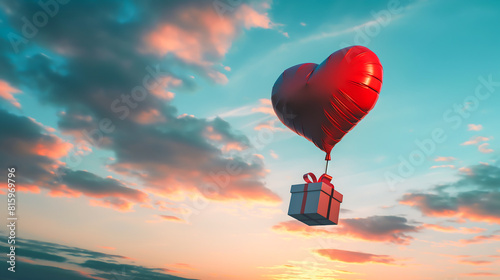 A red heart shaped balloon holding a gift box  3D rendering