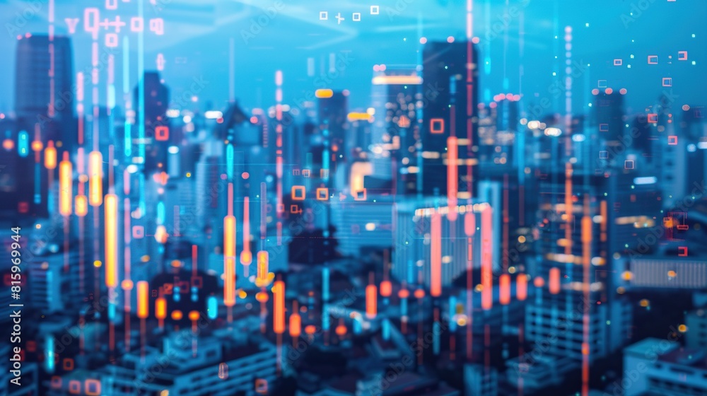 Abstract glowing big data forex candlestick chart on city backdrop. Trade, technology. AI Generative
