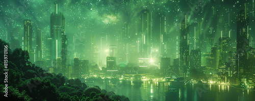 Bring to life the ethereal beauty of bioluminescent algae illuminating the surroundings at eye-level in a dynamic futuristic cityscape through a stunning combination of CG 3D model © panyawatt