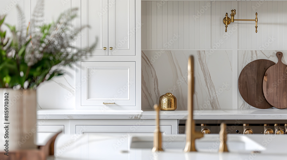 A beautiful kitchen detail with white cabinets a gold faucet white marble countertops and a brown picket ceramic tile backsplash : Generative AI A beautiful kitchen detail with white cabinets a gold faucet white marble countertops and a brown picket ceramic tile backsplash : Generative AI