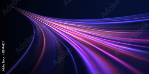 Acceleration speed motion on night road. Magic moving fast speed police lines. Blurred car light motion effect, city road background with long exposure night lights.