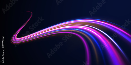 Acceleration speed motion on night road. Magic moving fast speed police lines. Blurred car light motion effect, city road background with long exposure night lights.