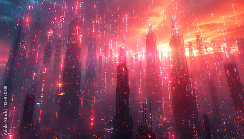Illustrate a digital dreamscape where bar graphs morph into cascading waterfalls  merging with pixelated skyscrapers under a neon-lit sky of flickering currency symbols