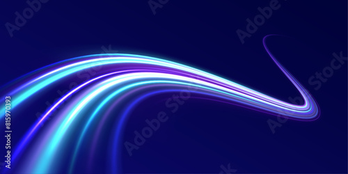 Acceleration speed motion on night road. Magic moving fast speed police lines. Blurred car light motion effect, city road background with long exposure night lights.