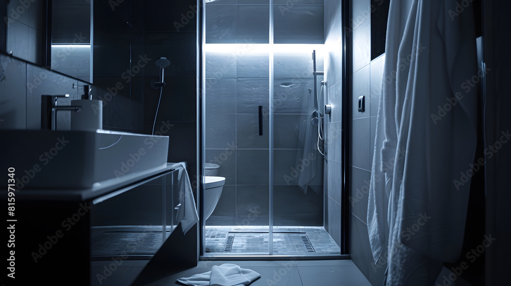 Interior of modern bathroom with shower in apartment : Generative AI Interior of modern bathroom with shower in apartment : Generative AI