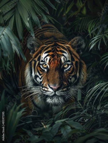 A majestic tiger  its eyes glowing with an intense focus as it slides through the dense foliage of a jungle.