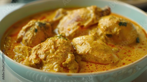 Chicken curry in a creamy sauce with turmeric and coconut milk presented in a pale blue dish photo