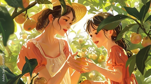 MotherDaughter Bond in a Blossoming Orchard A Tender Fruit Picking Experience Generative ai photo