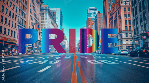 A rainbow graffiti of the word  PRIDE  is placed on a middle of a road in a city background. Inspirational quote background for the Pride month festival. Red color tone.