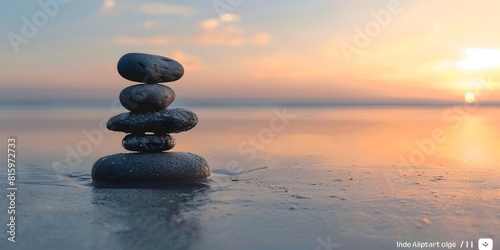 Peaceful Pebble Cairn at Sunset A Mindful Moment of Tranquility and Self Reflection