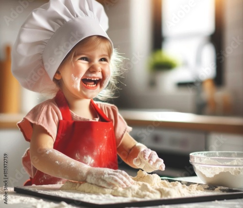 Little baker. Funny happy adorable little girl in red apron and chef's hat making dough, kitchen background. photo