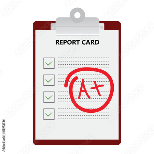 School report card with A plus grades flat design vector illustrations