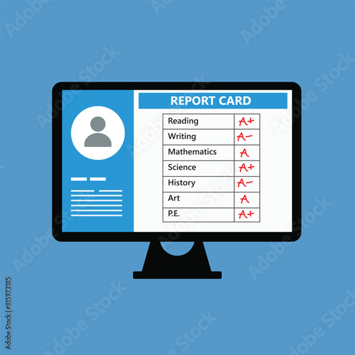 Online school report card with B C D grades flat design vector illustration