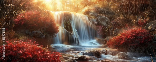 Beautiful waterfall in an autumn forest with red flowers and green grass at sunset. © MdImam