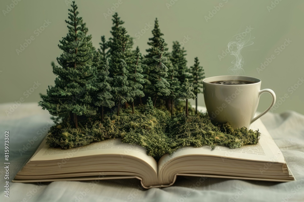 Open book with miniature trees and moss creating a mystical forest scene, accompanied by a hot coffee cup Open book with miniature trees and moss creating a mystical forest scene, accompanied by a hot coffee cup
