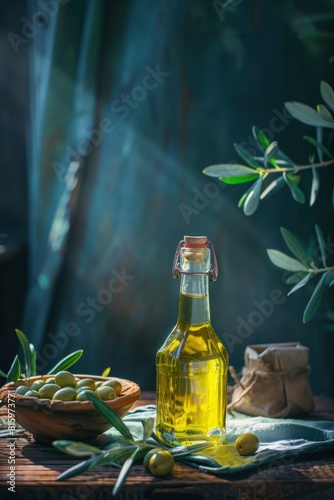 Olive oil in a glass bottle on a wooden table with olives and green leaves in a bowl, natural light, dark blue background