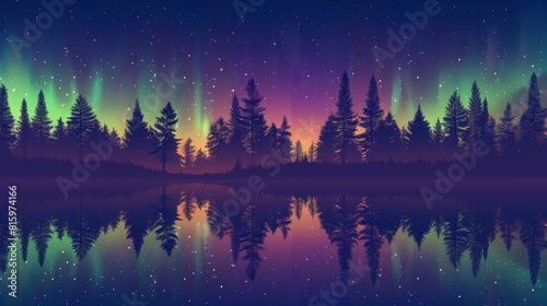 The northern aurora light and night is a modern illustration depicting an isolated transparent boreal with a green and violet shine graphic overlay texture set. The gradient is realistic and reflects