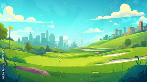 In the summer town  there is a golf course on hills with green grass and sand areas  multistorey buildings  and clouds in the sky. Modern summer town landscape with a golf course on hills surrounded