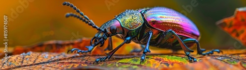 A beautiful and iridescent beetle with a shiny, metallic purple exoskeleton. photo