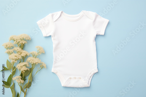 lank white cotton baby short sleeve bodysuit on pastel blue background with white flowers. Infant onesie mockup. Gender neutral newborn bodysuit template mock up
