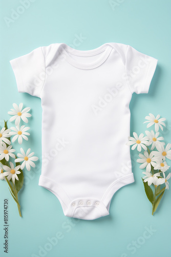 lank white cotton baby short sleeve bodysuit on pastel blue background with white flowers. Infant onesie mockup. Gender neutral newborn bodysuit template mock up