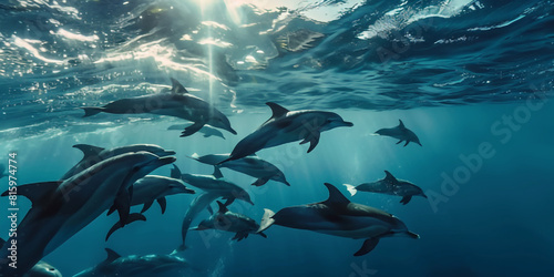 the daily routine of a pod of dolphins as they hunt for food  play  and navigate the vast expanse of the ocean 16k ultra HD resolution
