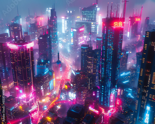 Capture the essence of a futuristic metropolis  blending vivid neon colors in a digital collage with sharply angled perspectives to create a mesmerizing cyberpunk cityscape