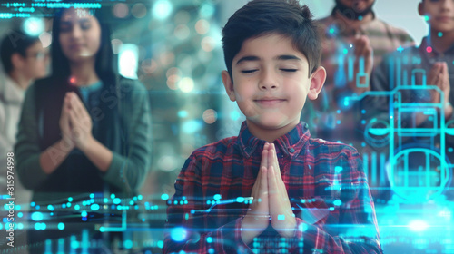 The photo shows a young boy in a plaid shirt with his eyes closed and hands together in prayer