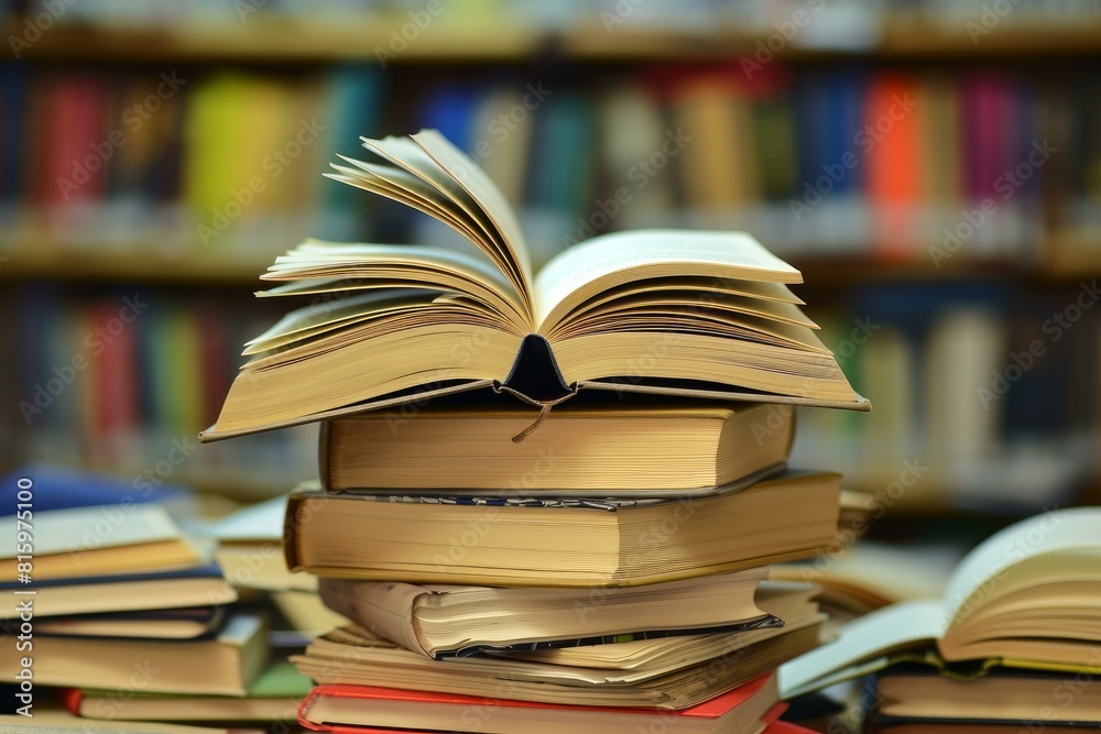 Open hardcover book on top of a stack of books with a blurred library background Open hardcover book on top of a stack of books with a blurred library background