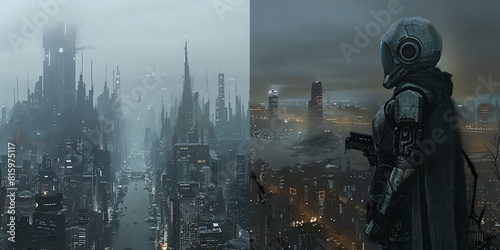 Capture a side view of a futuristic cityscape blending dystopian grit with sleek AI advancements Utilize moody contrasts and unique perspectives to emphasize the clash