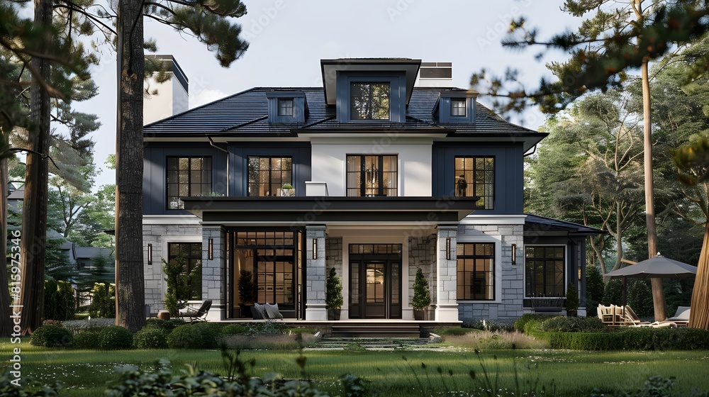 3D rendering of a luxury classic mansion exterior with a blue color and white details, trees in the front yard, front view, 3D rendering of a luxury classic mansion exterior with a blue color and white details, trees in the front yard, front view,