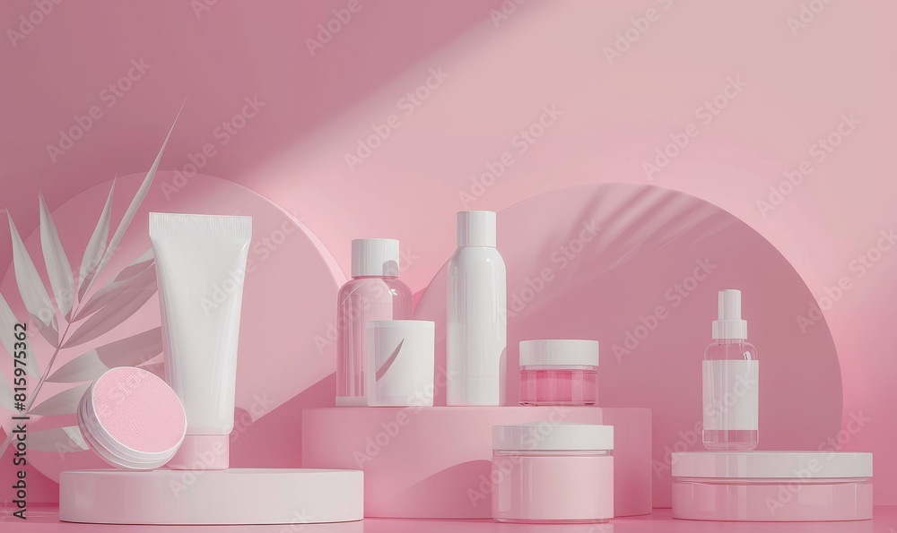 Render of simple white skincare products on pink background with geometric shapes Render of simple white skincare products on pink background with geometric shapes