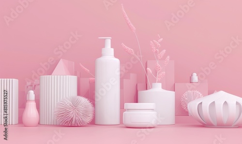 Render of simple white skincare products on pink background with geometric shapes