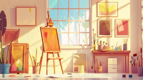 Painting tools and materials in an art studio room. Cartoon modern illustration of creative workshop with easel and tripod stand  paper and brushes  plaster models  etc.