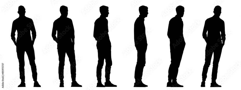 Vector concept or conceptual black silhouette of a young man from different perspectives isolated on white background. A metaphor for fashion, relaxation, confidence, leisure and lifestyle Vector concept or conceptual black silhouette of a young man from different perspectives isolated on white background. A metaphor for fashion, relaxation, confidence, leisure and lifestyle