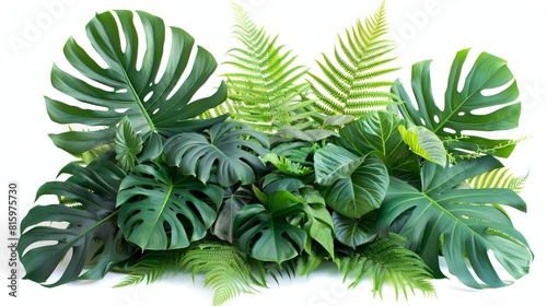 lush tropical plant arrangement with monstera and fern leaves floral still life isolated on white background nature photography