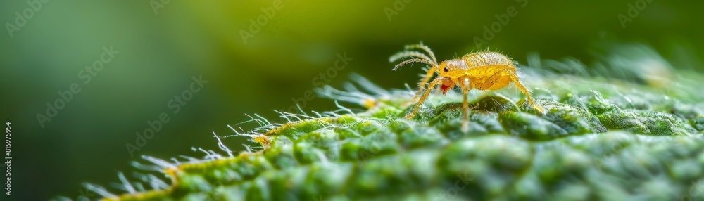 A tiny orange spider on a green leaf. A tiny orange spider on a green leaf.