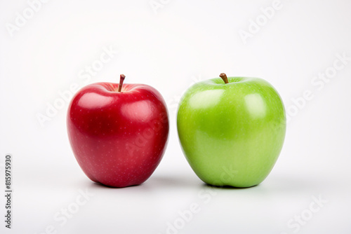 Green and red apple fruits side by side on white background