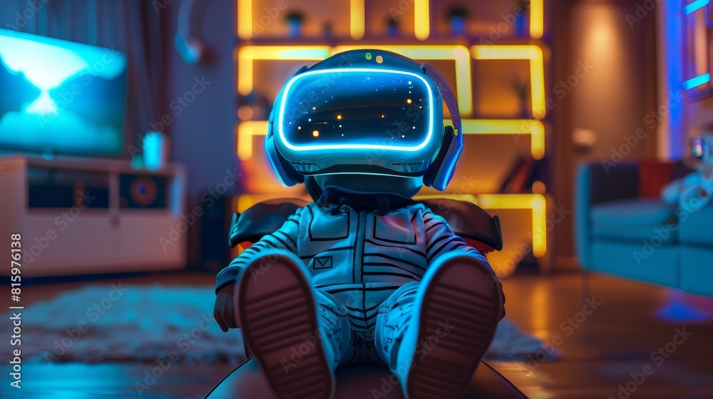 Obraz premium 3D cartoon .Child wearing virtual reality glasses sits on modern computer chair in futuristic living room. 
